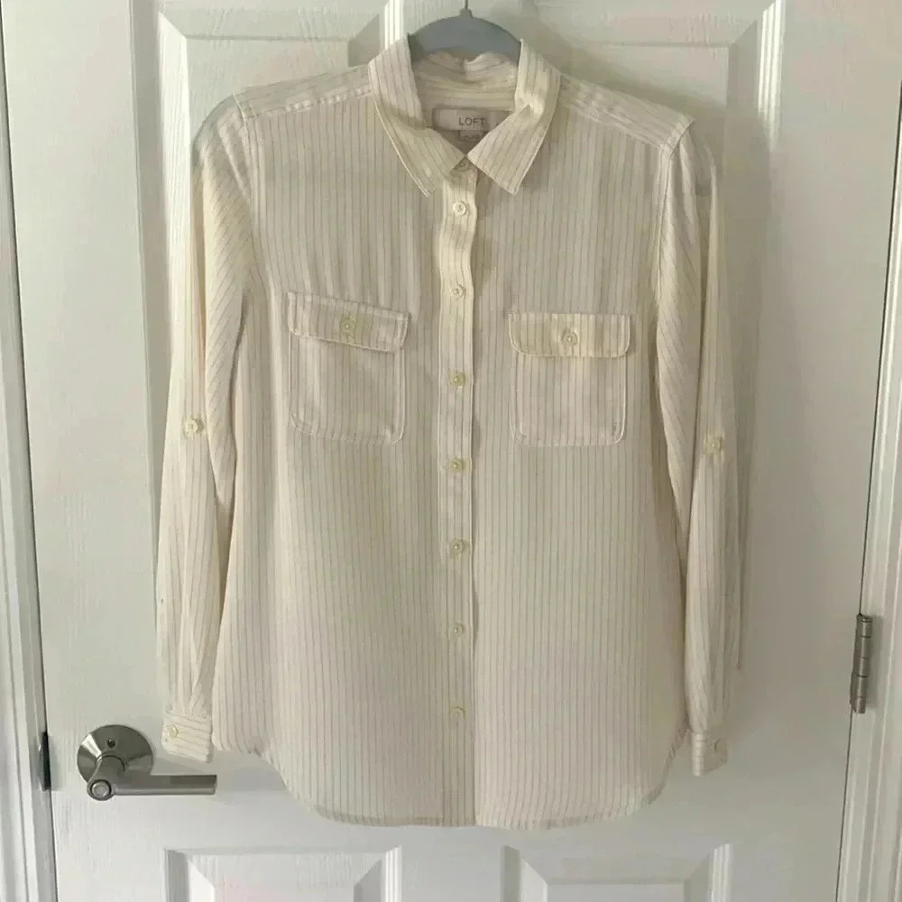 Loft Button Down Blouse- cream with silver metallic pinstripes size Small Petite